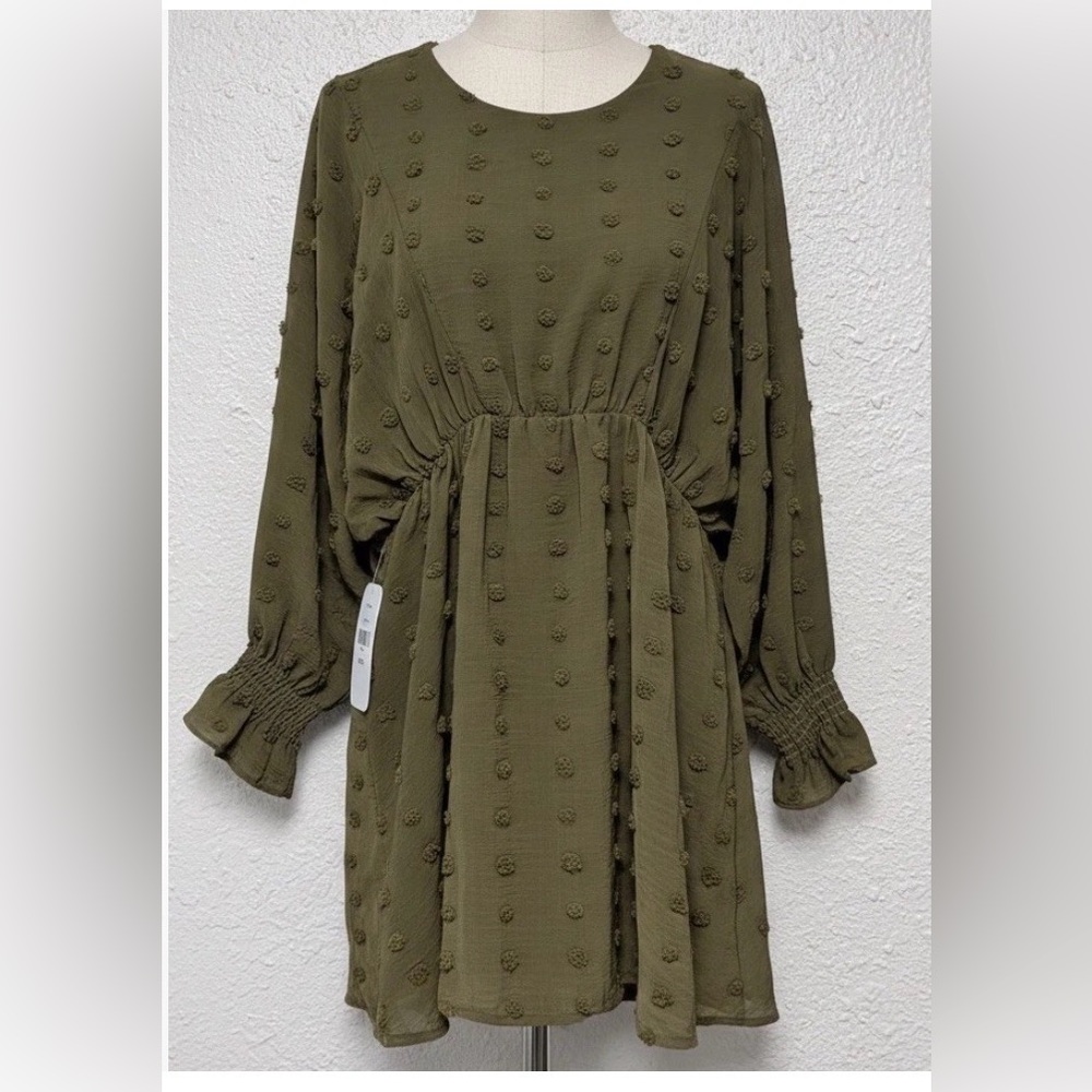 Dress Up Olive Swiss Dot Mini Dress Small NWT Style D81995-08 Smocked Boho Pom